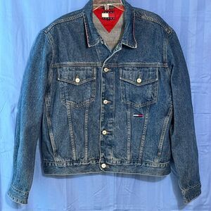 Vintage 90s Tommy Hilfiger Denim Jean Jacket Red Collar Logo Trucker Work Large